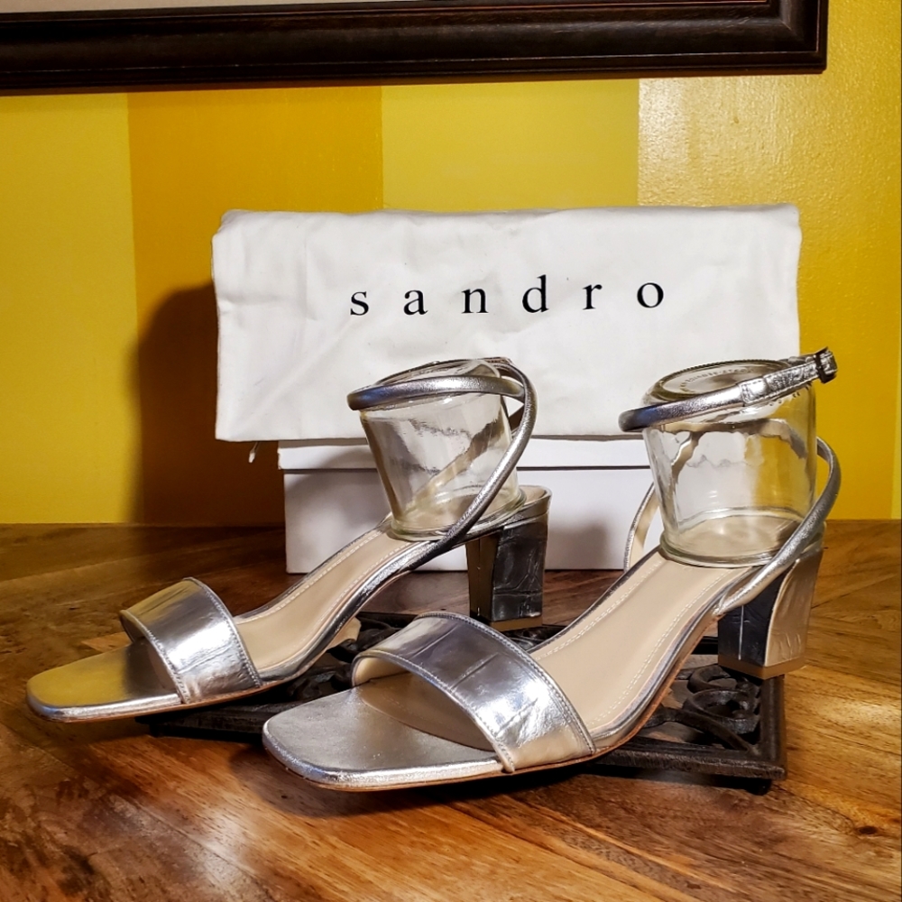 Sandro Metallic Silver Block Heel Ankle-Strap Sandals